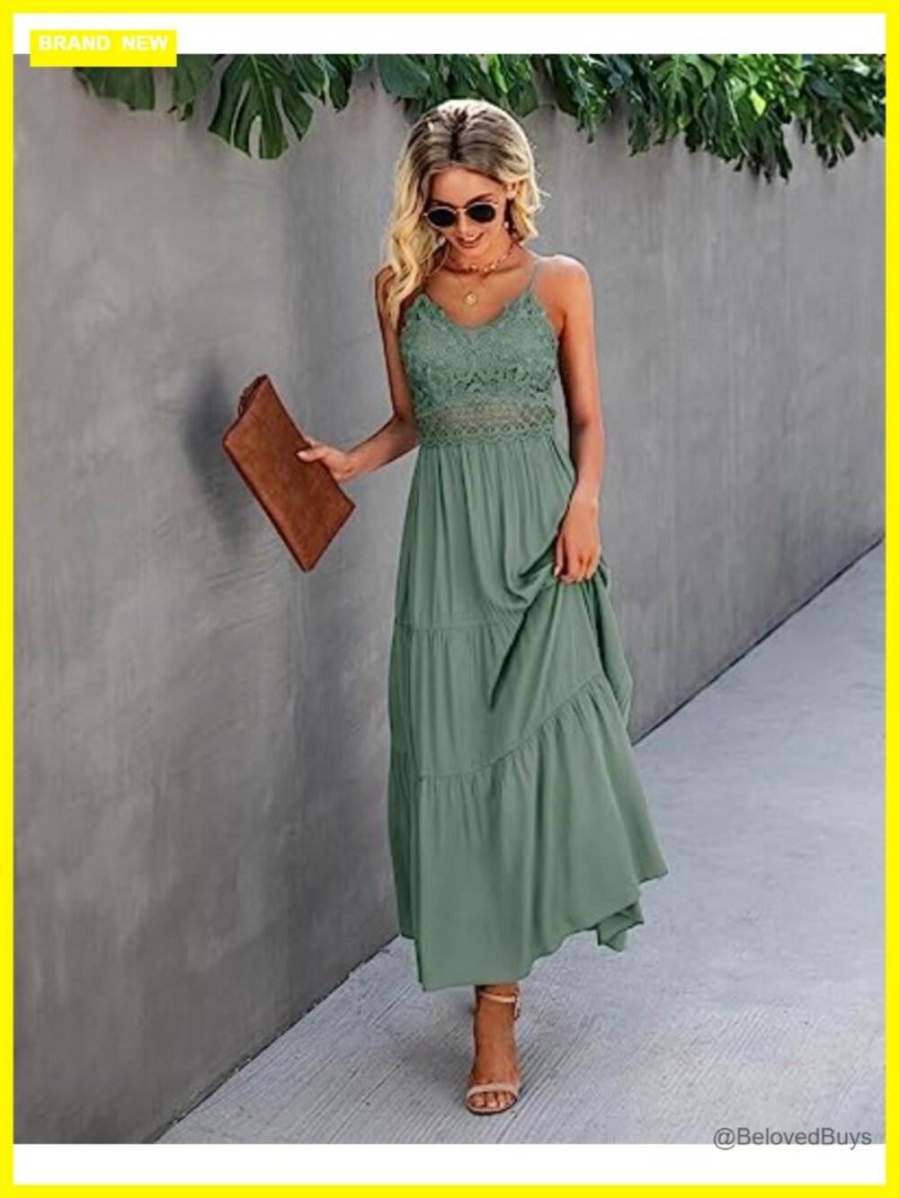 Lace Trim Maxi Dress V-Neck Spaghetti Strap Summer Wedding Guest - Picture 5 of 6